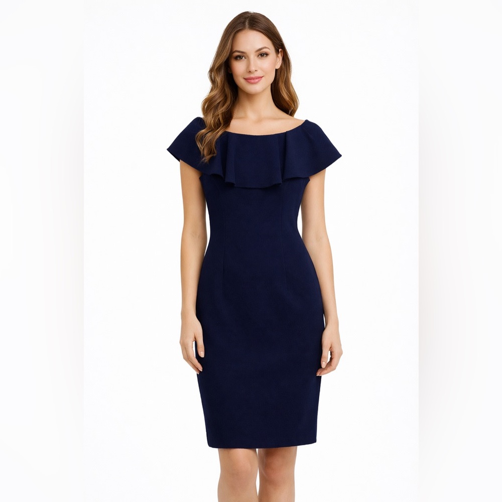 Eliza J Navy Ruffle Front Lace Back Midi Dress Size 4 Wedding Guest NWOT